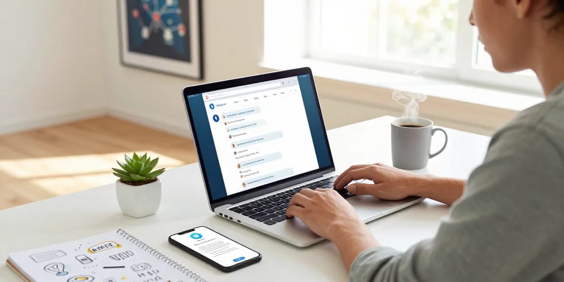 Engaged user utilizing the Telegram web version on a sleek laptop within a modern workspace.