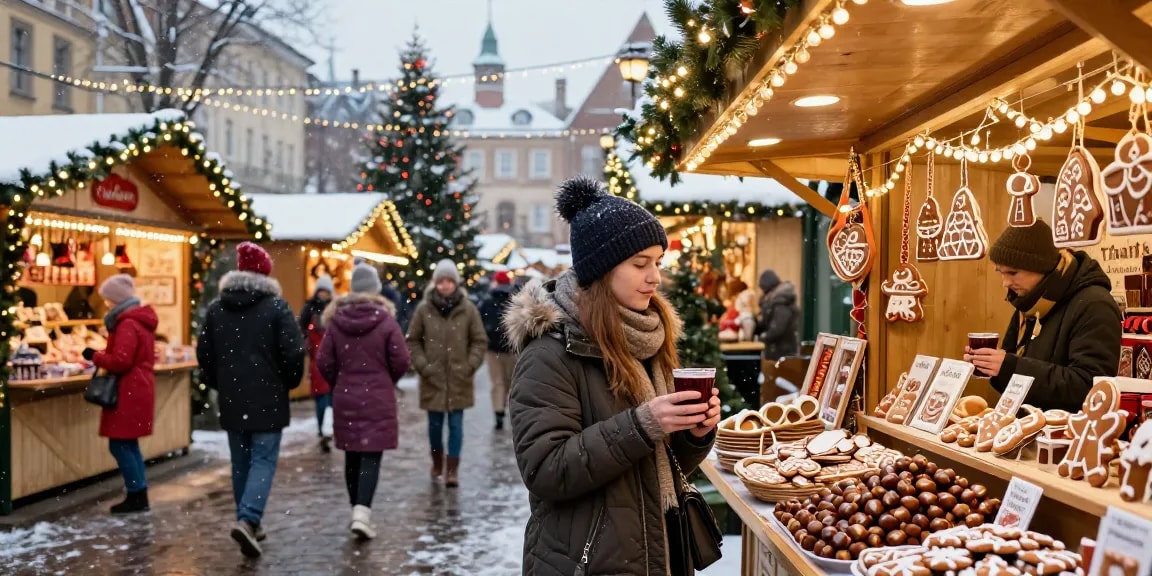 Julmarknader i Europa med festligt dekorerade marknadsstånd och besökare som njuter av glögg.