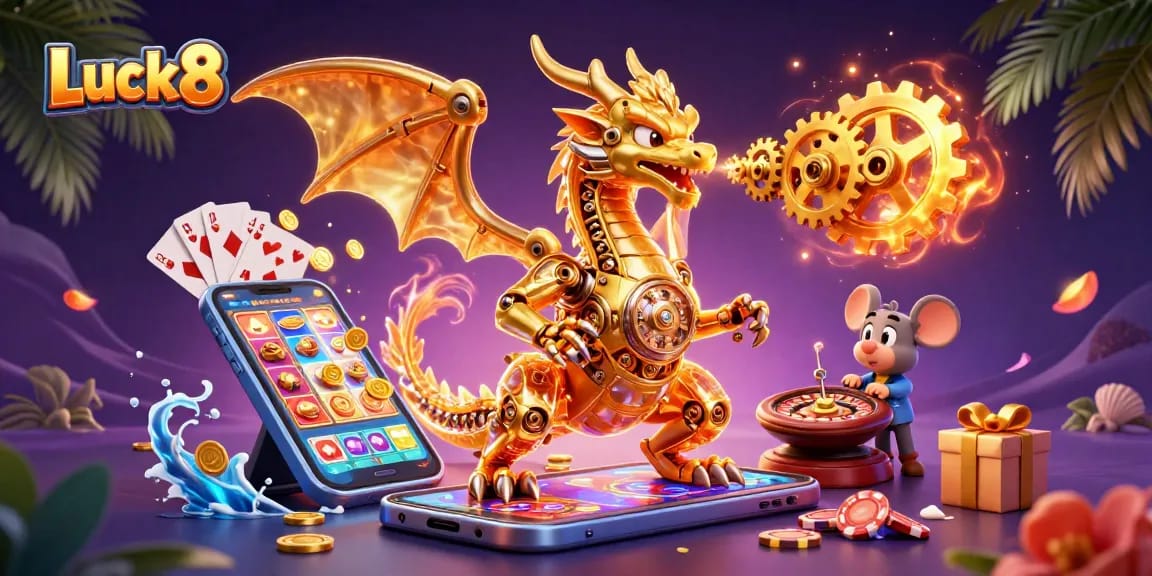 Experience extraordinary wins with Luck8’s vibrant casino illustration featuring dynamic gaming elements.