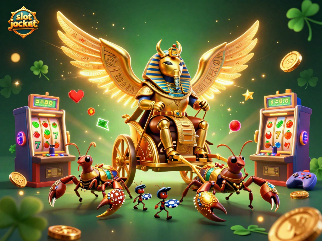 Spin the slot jackpot with a cartoon chariot pulled by jewel-encrusted scorpions in a vibrant casino.