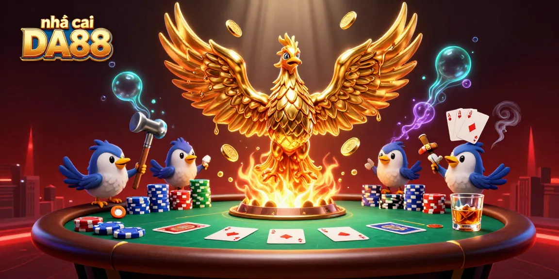 Experience the thrilling gameplay at nhà cái DA88 with casino elements featuring a golden phoenix and poker items.