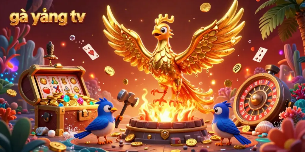 Experience gà vàng tv with a magical 3D scene of a phoenix amidst vibrant gaming elements.