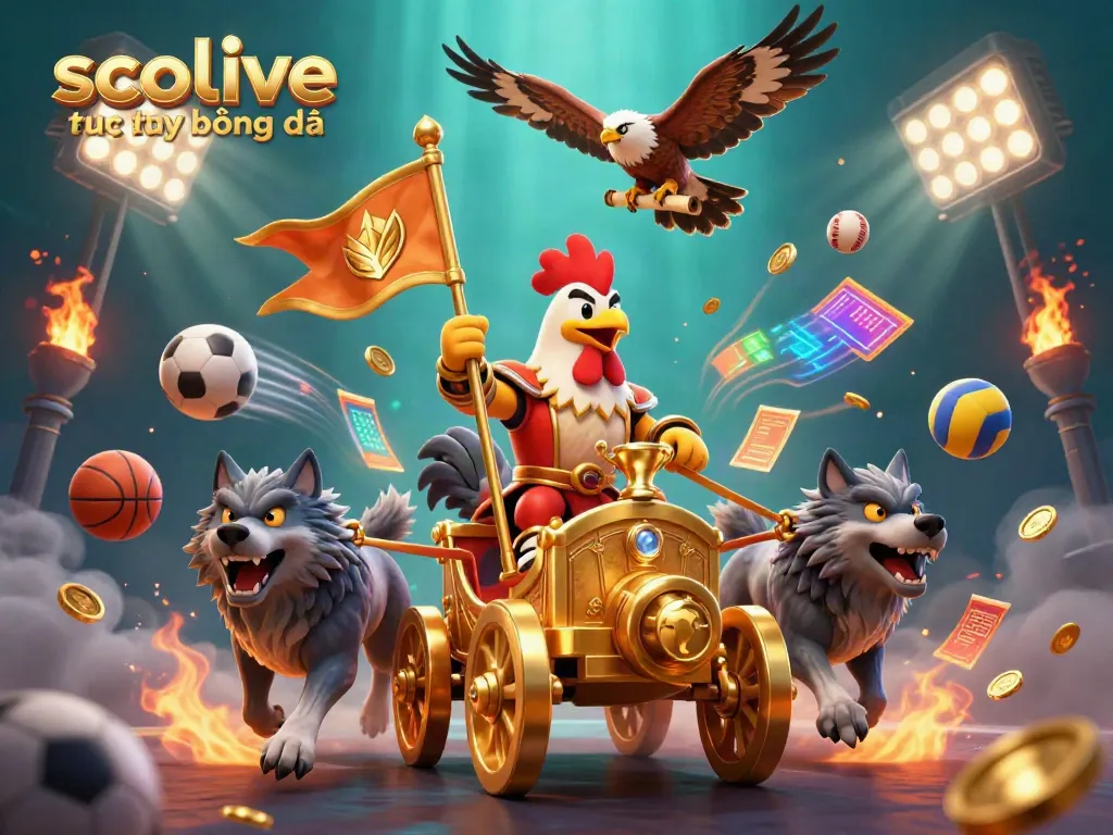 Socolive trực tiếp bóng đá showcases a dynamic 3D scene with a rooster warlord and sports elements.