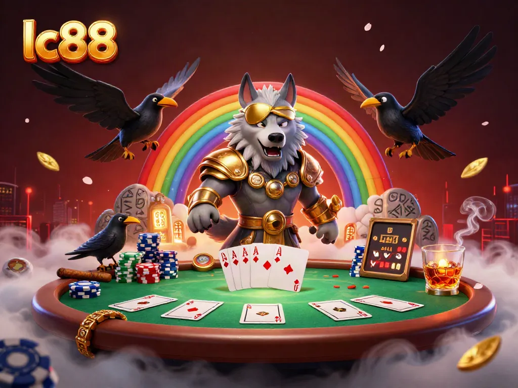 Engage in exhilarating gaming at lc88 featuring a glowing Odin wolf surrounded by poker elements.