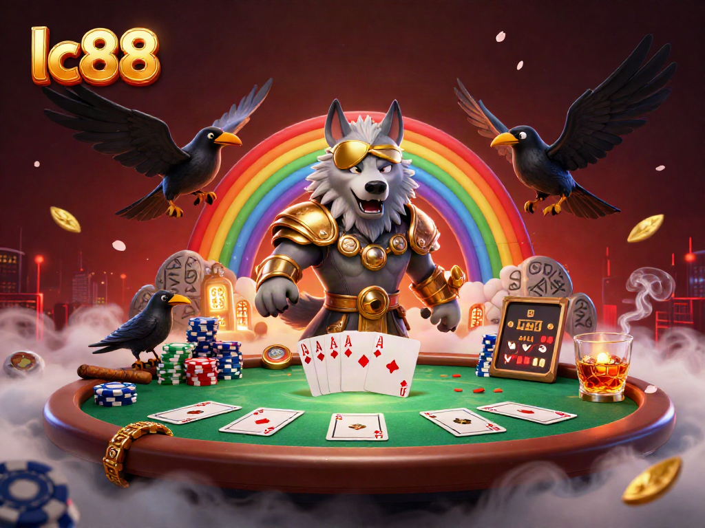 Engage in exhilarating gaming at lc88 featuring a glowing Odin wolf surrounded by poker elements.
