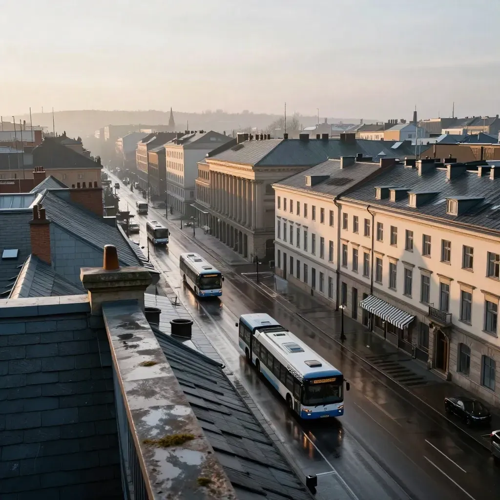 Morgonvy över Borås centrum med bussar, våta tak och ljuset som slår i pölarna.