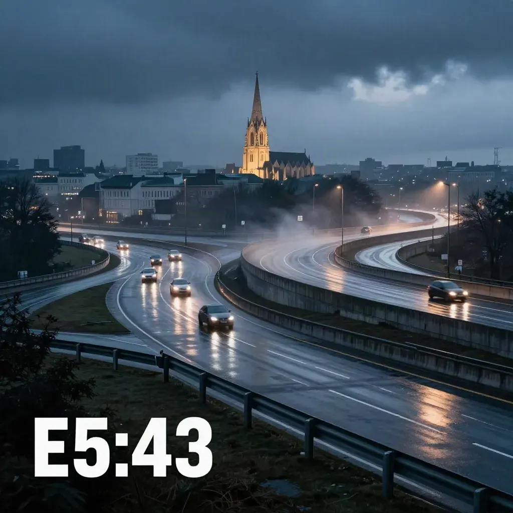 Mörk gryningsvy över E40-korsningen i Borås med våt asfalt och kyrktorn i dimma.