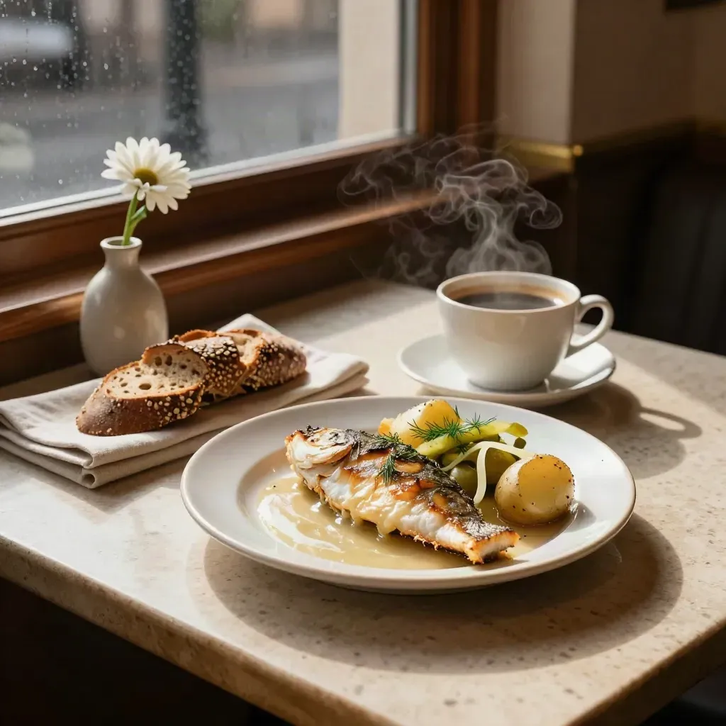 Ångande lunchfat med kaffe, bröd och vit blomma på kafébord i varmt eftermiddagsljus.