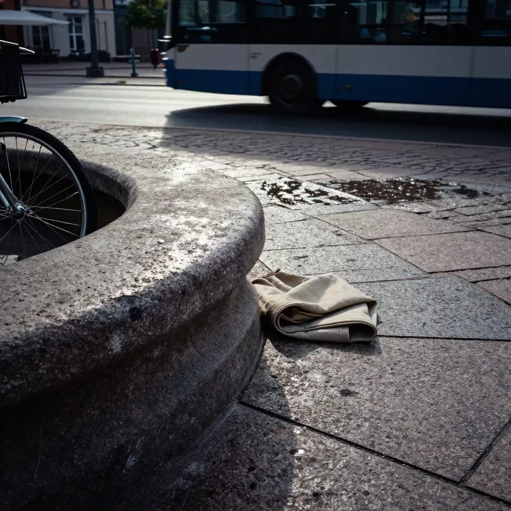 Närbild av stenläggning, cykelhjul och fontänkant på Borås torg, med suddig buss i rörelse.