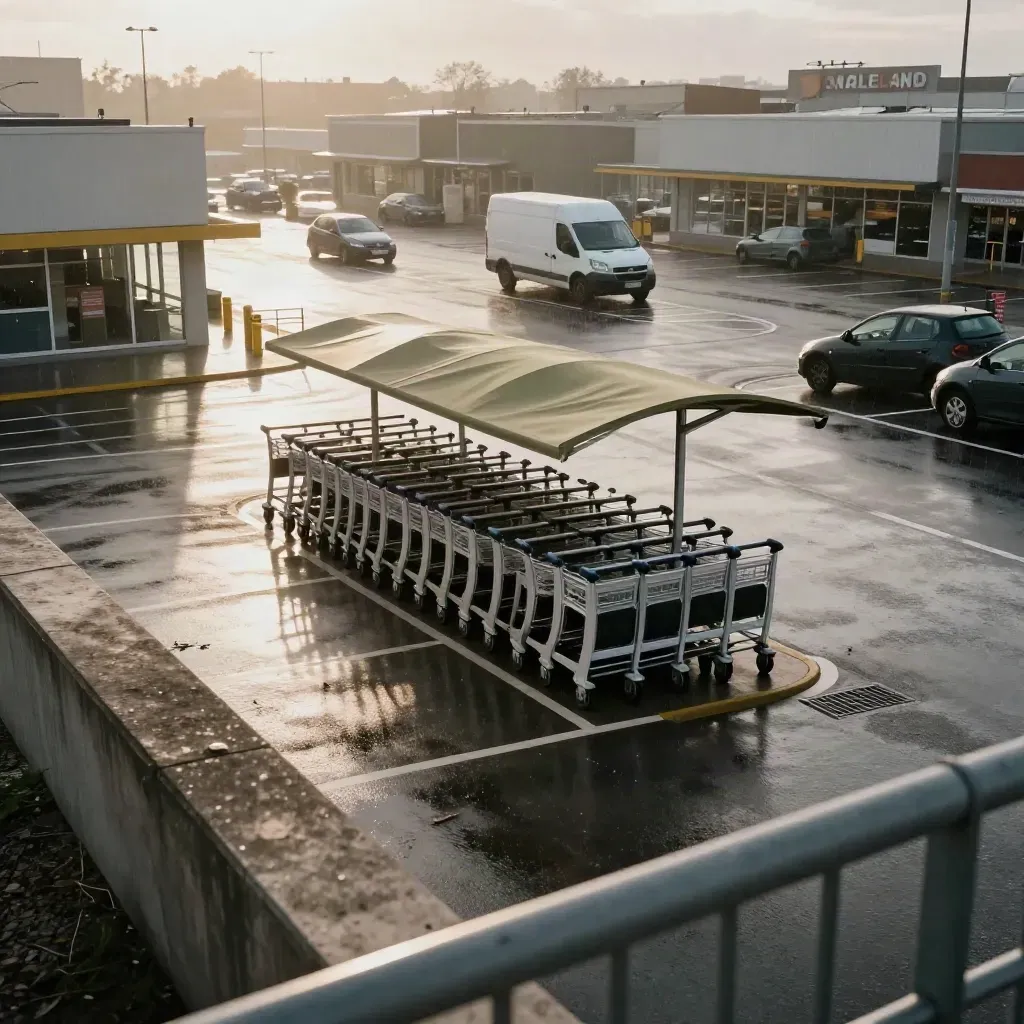 Knalleland sedd uppifrån med parkeringsplan, kundvagnar, skåpbil och blöt asfalt i regn.