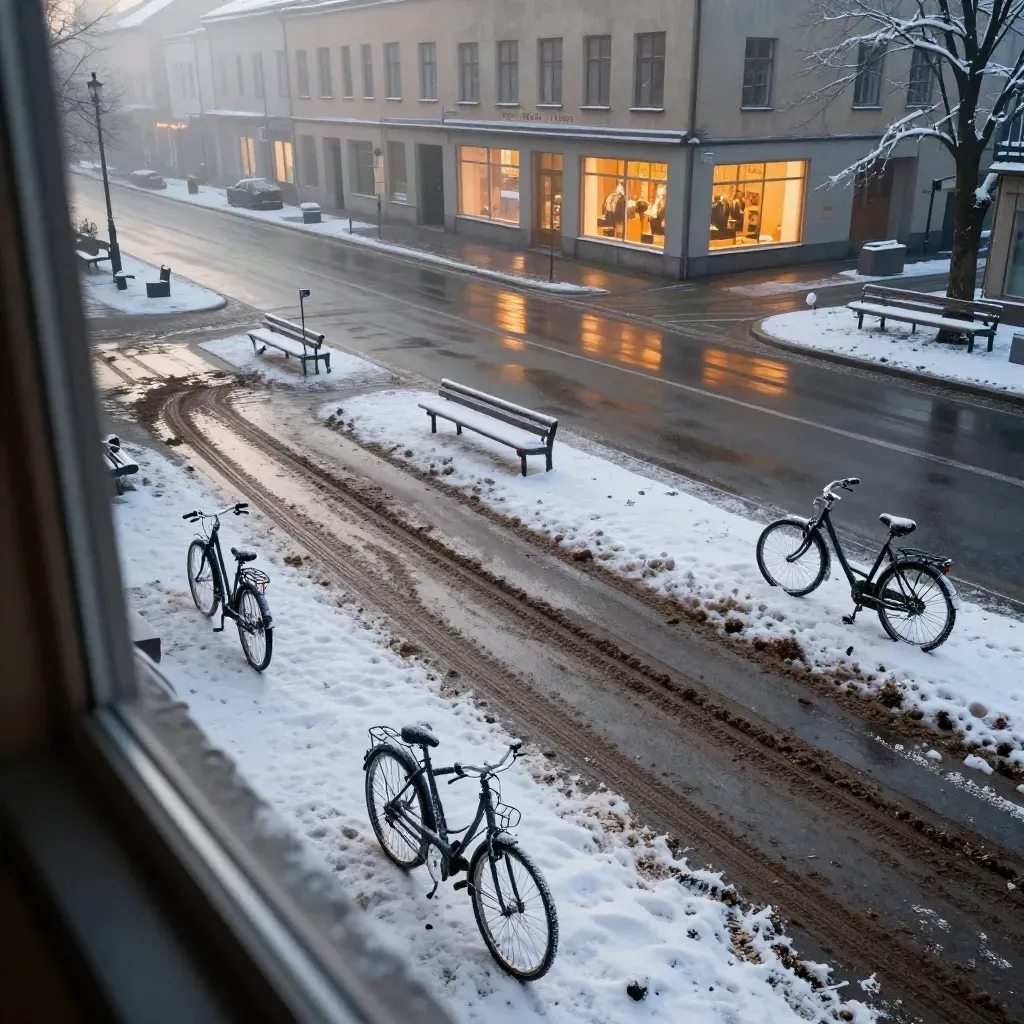 Vintervy över Borås centrum med slask, cyklar, bänkar och varma skyltfönster