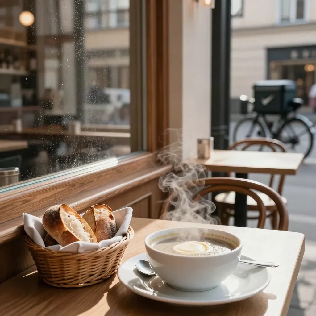 Ångande soppa vid ett caféfönster med bröd, stolar och en leveranscykel utanför.