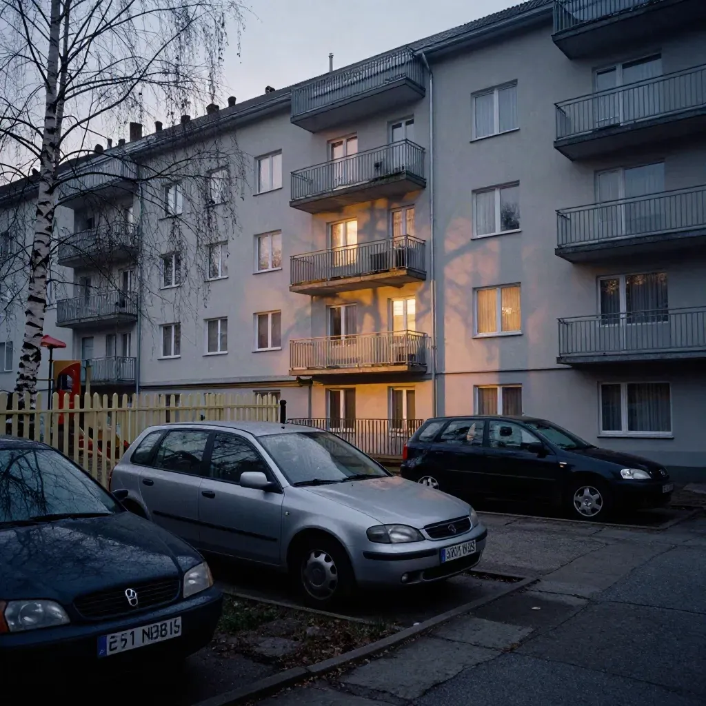 Kvällsljus tänds i Sjöbos gård med parkering, lekplatsstaket och balkonger.