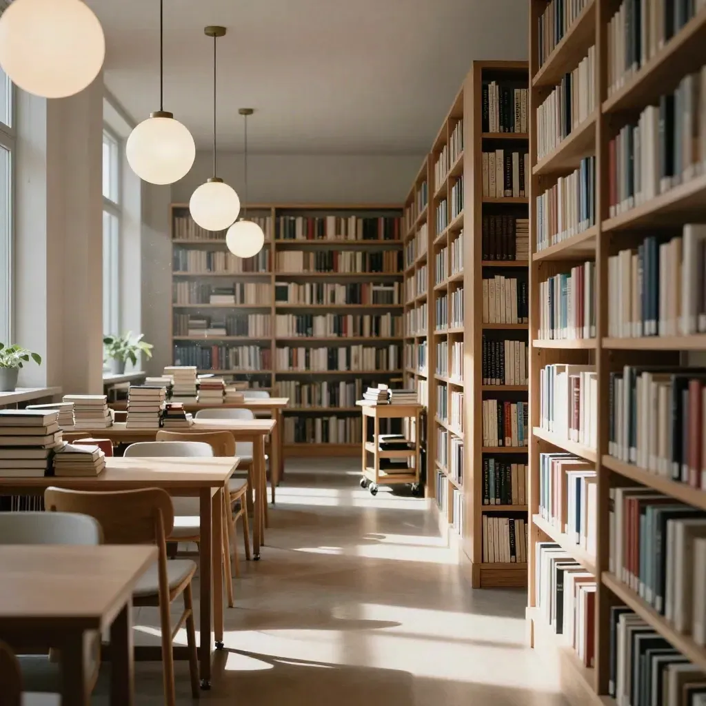 Tomt bibliotek med bokhyllor, vita lampor och vagnar i mjukt eftermiddagsljus.
