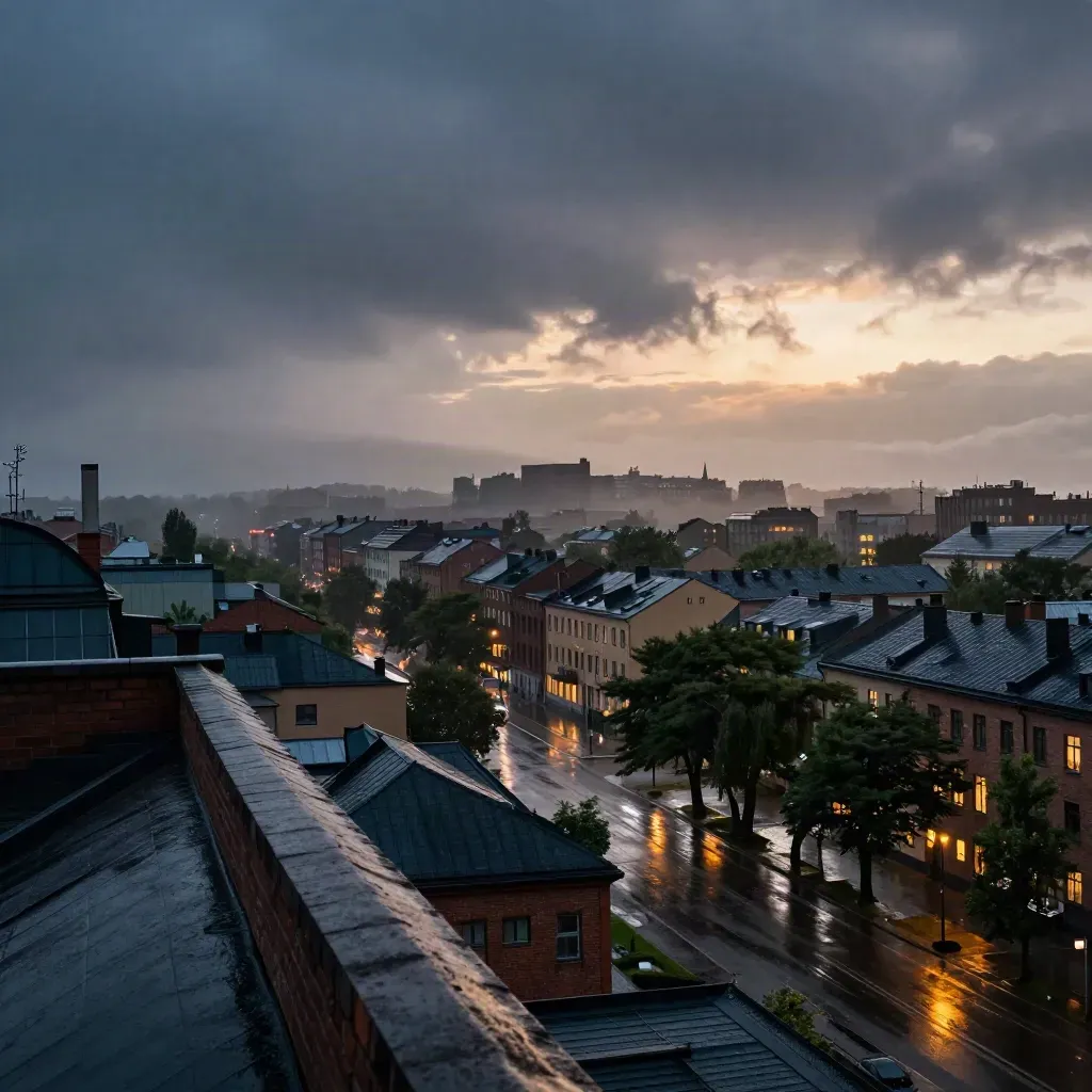 Borås skyline i kvällsregn med låga moln, upplysta fönster och blöta gatereflexer.