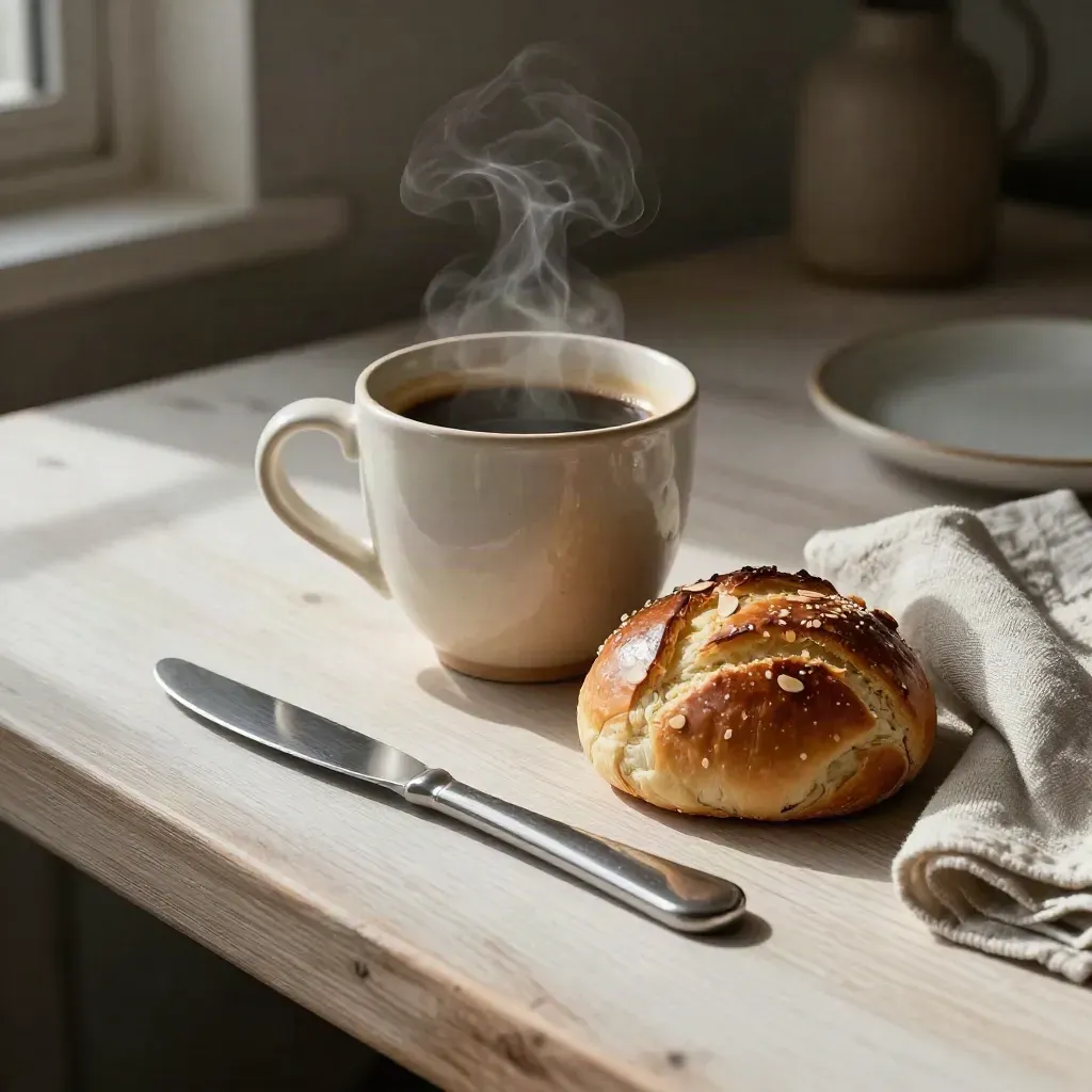 Kaffe, mandelbulle och smörkniv på ljus träyta i mjukt morgonljus