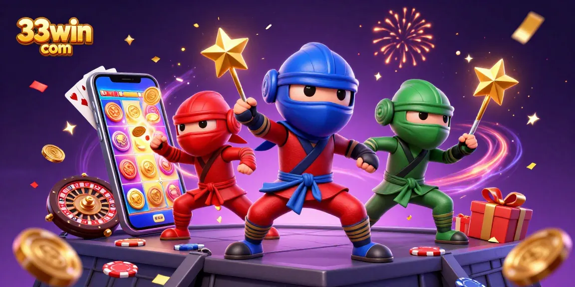 Experience thrilling action with 33win com as chameleon ninjas show their skills in a vibrant casino scene.