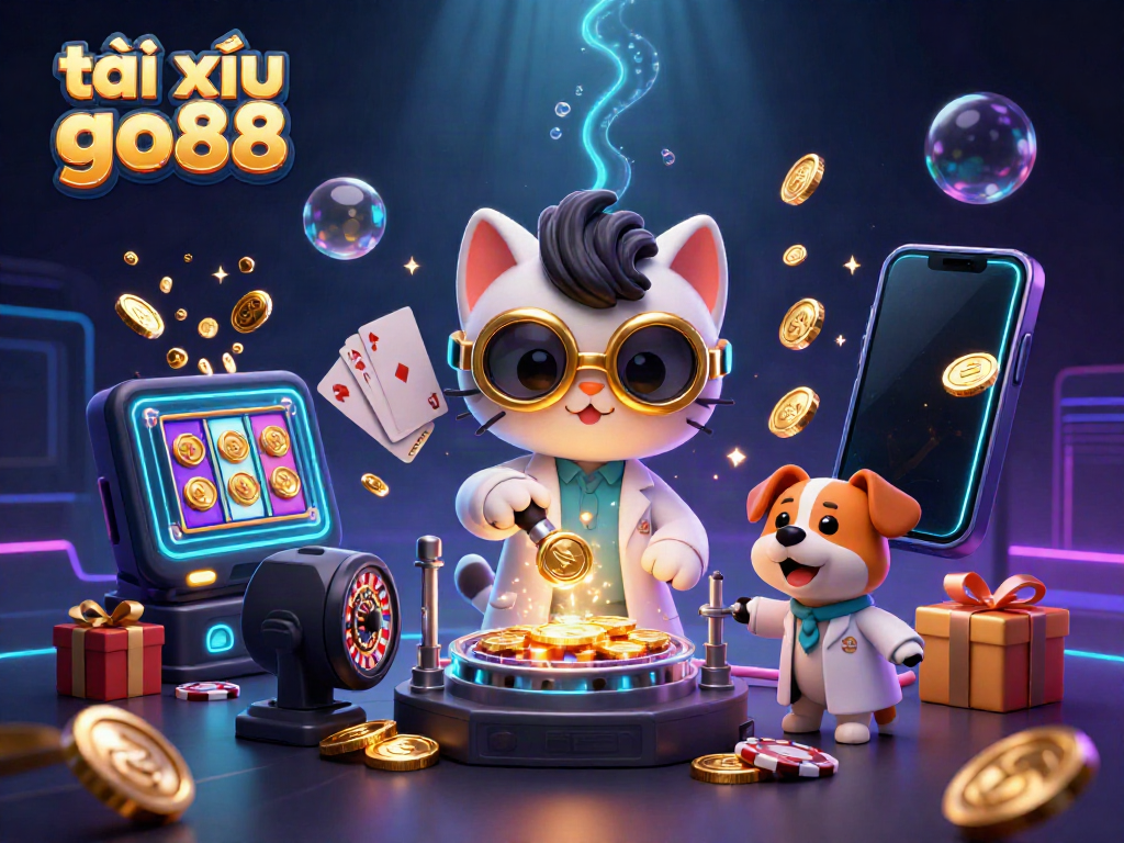 Engage in thrilling gameplay with tài xỉu go88, as the mad scientist cat creates a gold-coin-replication machine in a vibrant scene.