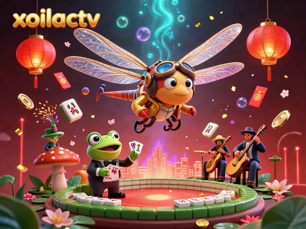 Xoilactv themed illustrative scene showing a dragonfly pilot above a lily pad casino with a frog croupier, brimming with vibrant gambling elements.
