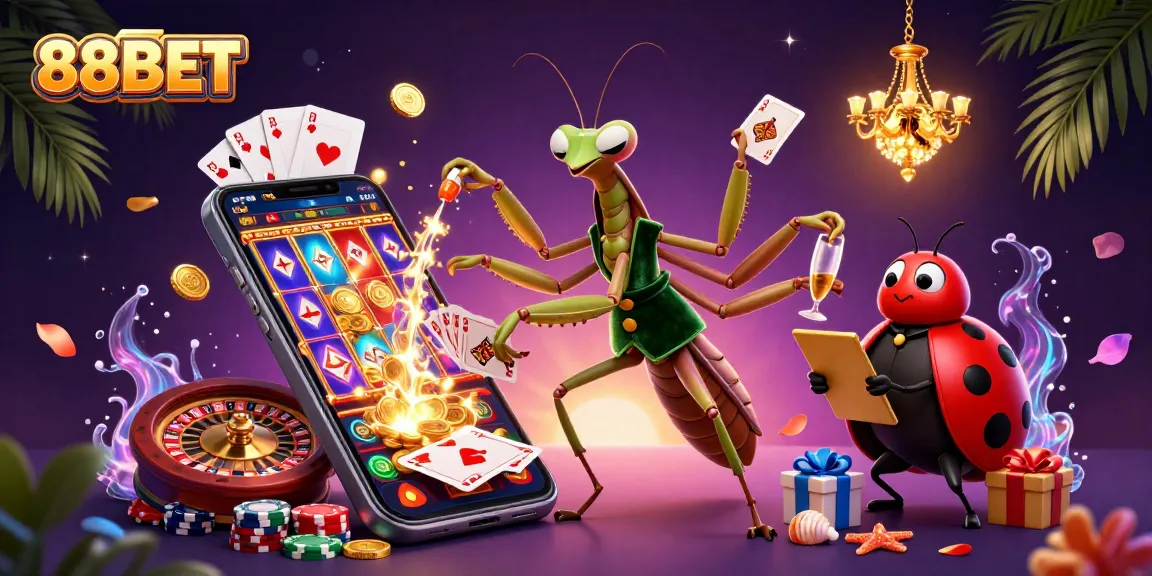 88BET's vibrant casino scene features a giant mantis card sharp dealing cards and pouring champagne.