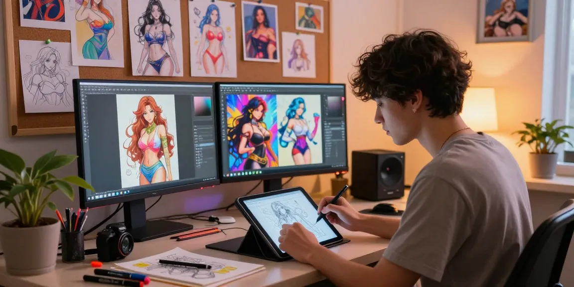 AI hentai art creation scene with a digital artist designing intricate characters and vibrant sketches in a creative workspace.