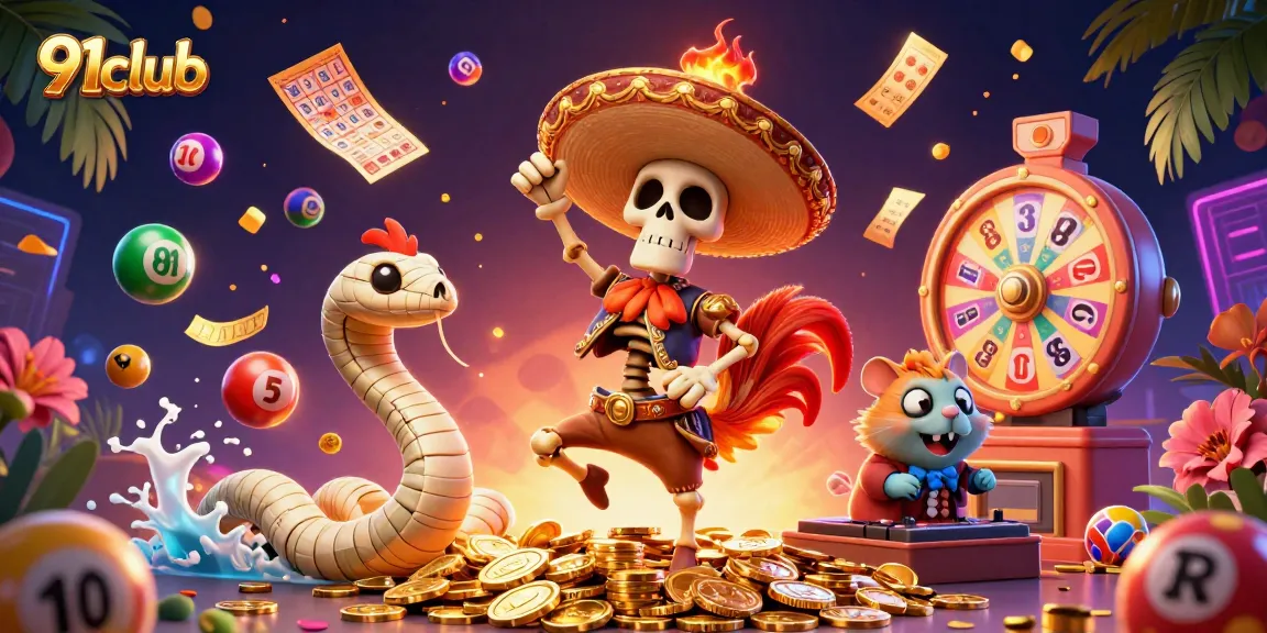 Engage in thrilling predictions at 91club with vibrant lottery elements and festive characters.