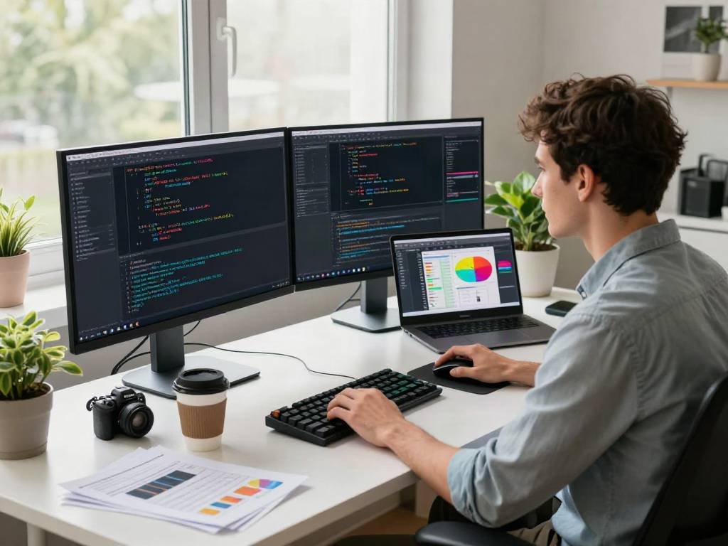 Programmer at a modern software development desk with dual monitors coded for ggsoft.