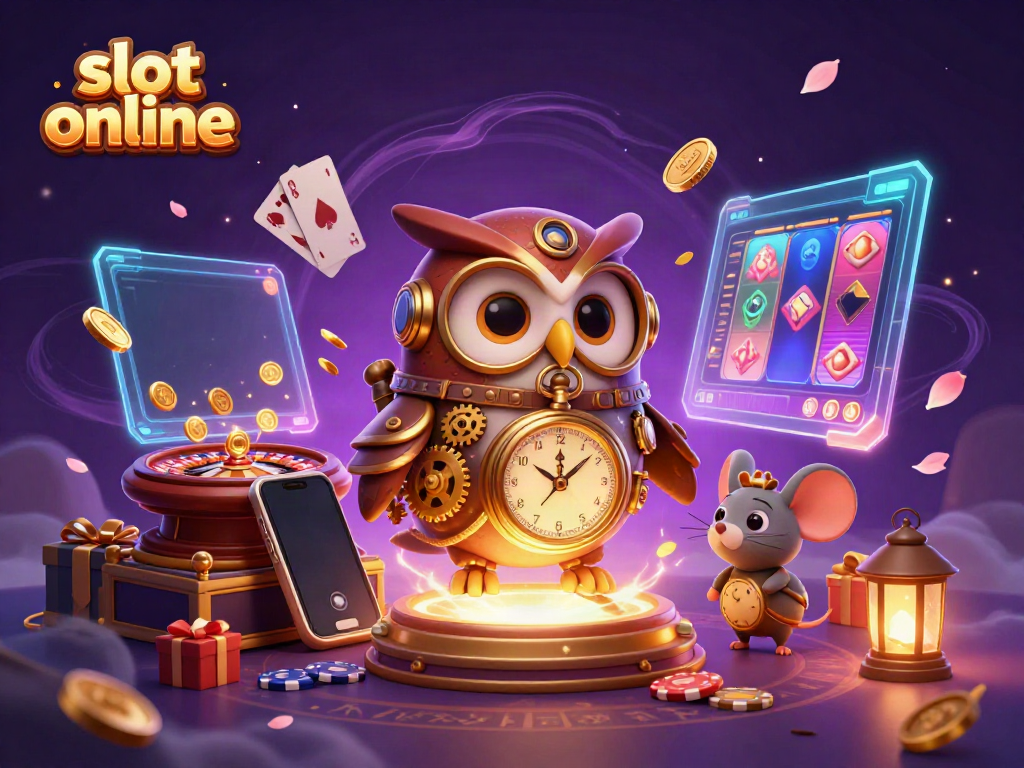 Experience thrilling spins in the slot online universe with a whimsical time-traveler owl and colorful game elements.