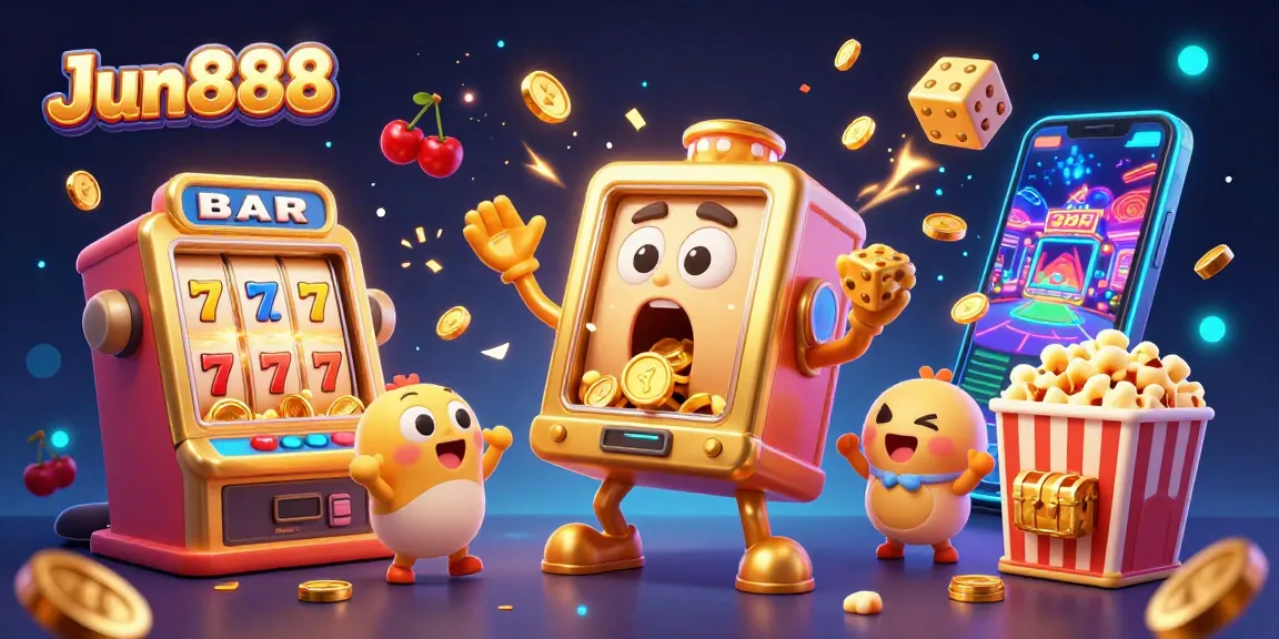 Engaging Jun888 slot machine scene celebrating a jackpot with vibrant confetti and cheering companions.
