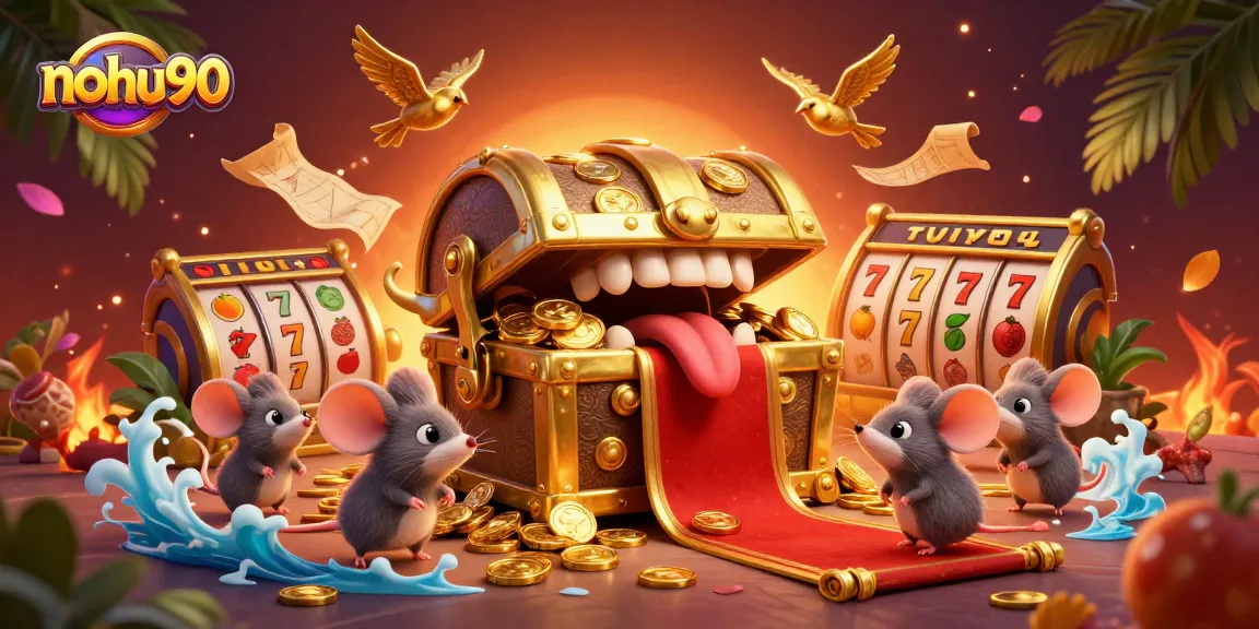 Spin the reels at nohu90 with vibrant imagery of slot machines and treasure chests thrilling players.