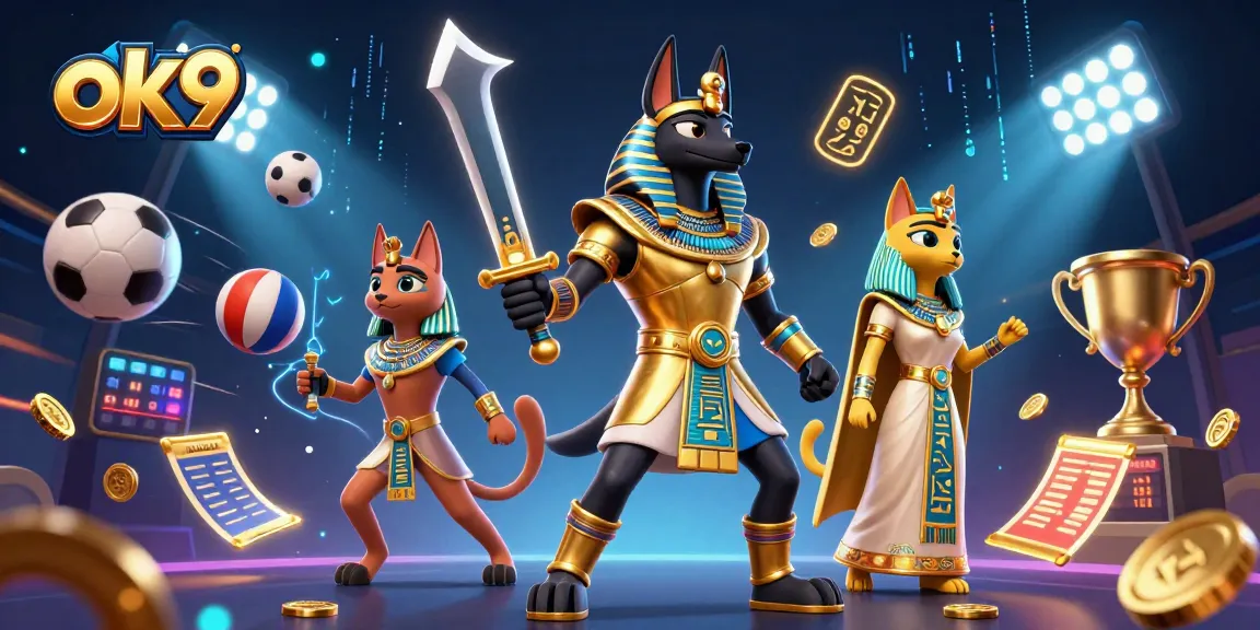 Experience ok9's thrilling sports betting scene illustrated with Anubis and Bastet amid glowing hieroglyphs.