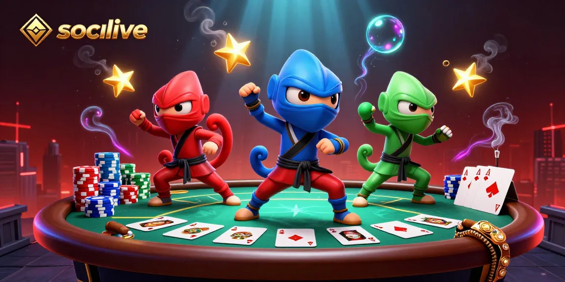 Socolive shines as ninja chameleons engage in poker with vibrant, dynamic gambling elements.