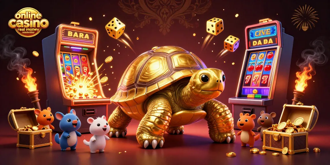 Engaging scene of a colossal tortoise as a pinball machine at an online casino real money australia, featuring vibrant characters and games.