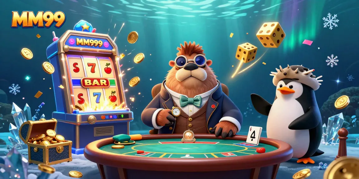 Experience MM99 at a lively underwater poker table with vibrant slots and dynamic casino elements.